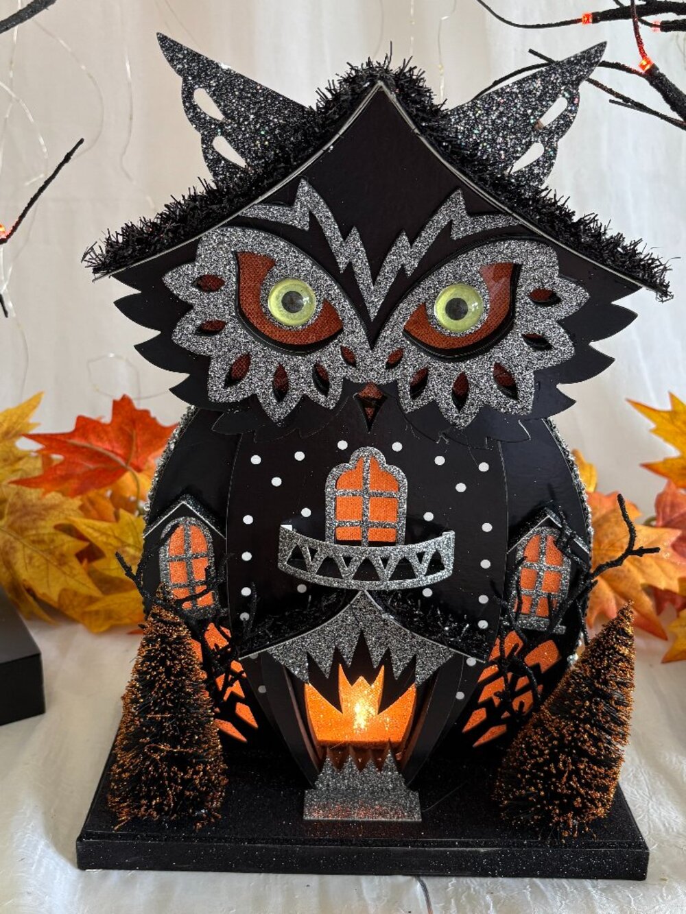 Bella Lux Haunted Halloween Owl Shape Led Light Up Putz House 12" New Rare
